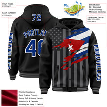 Загрузить изображение в средство просмотра галереи, Custom Black Royal-Gray Cuba Cuban Flag 3D Bomber Full-Snap Varsity Letterman Hoodie Jacket
