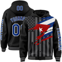 Загрузить изображение в средство просмотра галереи, Custom Black Royal-Gray Cuba Cuban Flag 3D Bomber Full-Snap Varsity Letterman Hoodie Jacket
