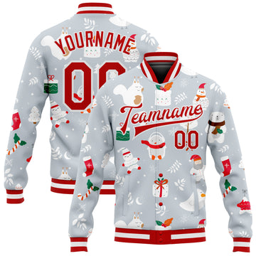 Custom Silver Red-White Christmas 3D Bomber Full-Snap Varsity Letterman Jacket