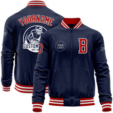 Load image into Gallery viewer, Custom Navy Red-White Bomber Varsity Letterman Zipper Jacket
