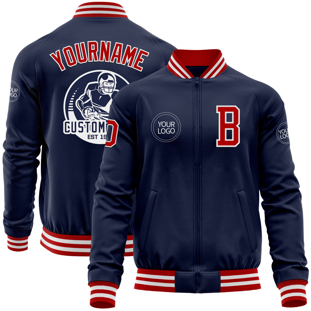 Custom Navy Red-White Bomber Varsity Letterman Zipper Jacket