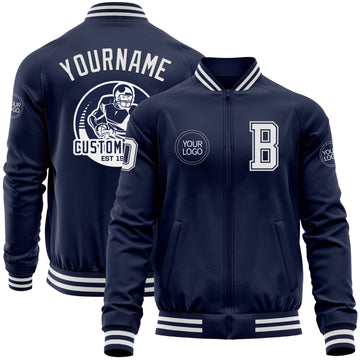 Custom Navy White Bomber Varsity Letterman Zipper Jacket