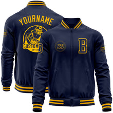 Load image into Gallery viewer, Custom Navy Gold Bomber Varsity Letterman Zipper Jacket
