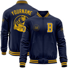 Load image into Gallery viewer, Custom Navy Gold-White Bomber Varsity Letterman Zipper Jacket
