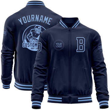 Custom Navy Light Blue Bomber Varsity Letterman Zipper Jacket