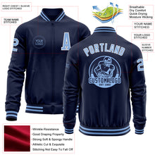 Laden Sie das Bild in den Galerie-Viewer, Custom Navy Light Blue-White Bomber Varsity Letterman Zipper Jacket
