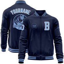 Laden Sie das Bild in den Galerie-Viewer, Custom Navy Light Blue-White Bomber Varsity Letterman Zipper Jacket
