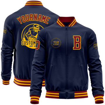 Custom Navy Crimson-Gold Bomber Varsity Letterman Zipper Jacket