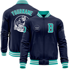 Charger l&#39;image dans la galerie, Custom Navy Aqua-White Bomber Varsity Letterman Zipper Jacket
