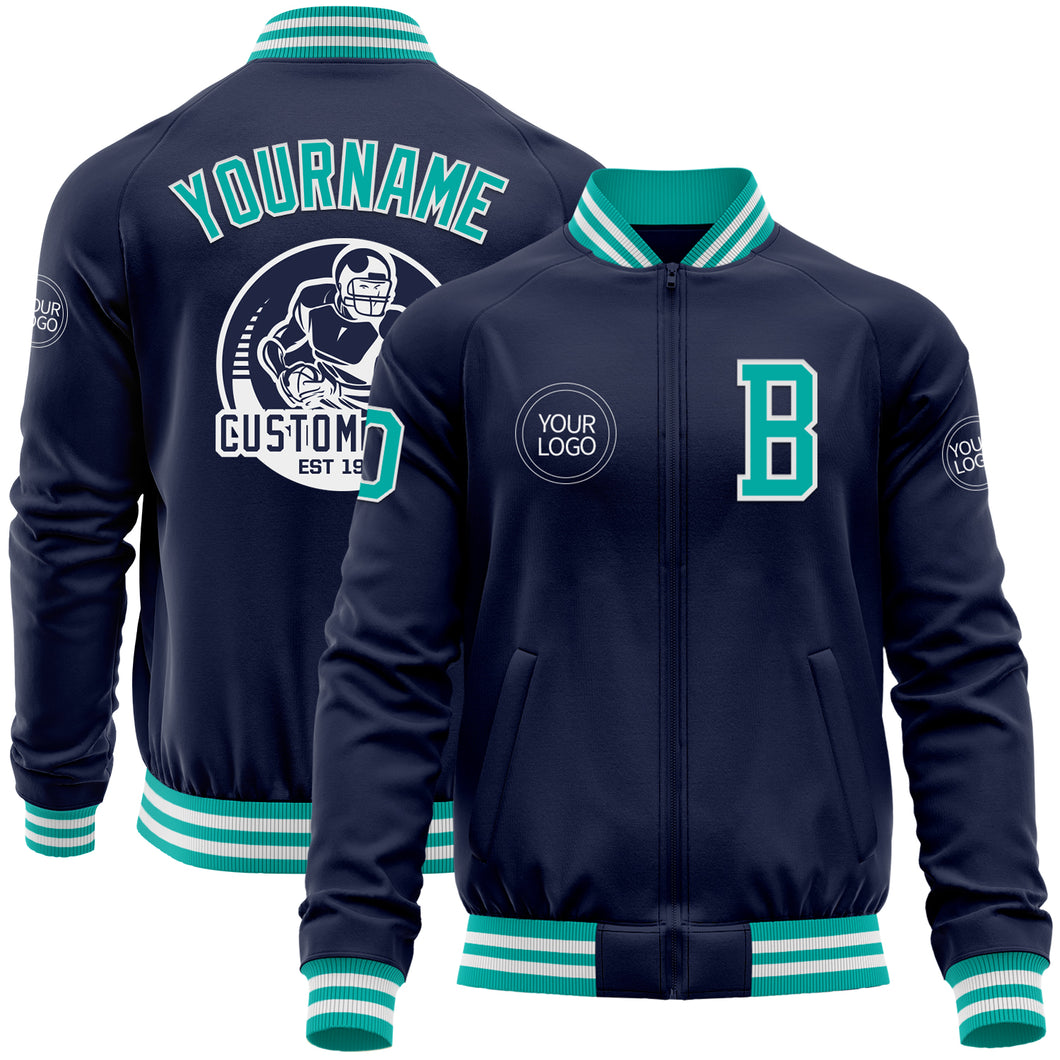 Custom Navy Aqua-White Bomber Varsity Letterman Zipper Jacket