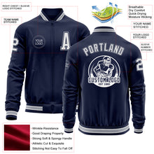 Load image into Gallery viewer, Custom Navy White-Gray Bomber Varsity Letterman Zipper Jacket
