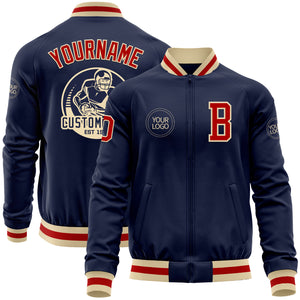 Custom Navy Red-Cream Bomber Varsity Letterman Zipper Jacket