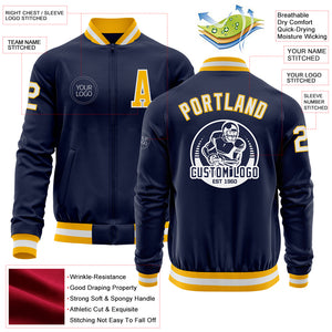 Custom Navy White-Gold Bomber Varsity Letterman Zipper Jacket