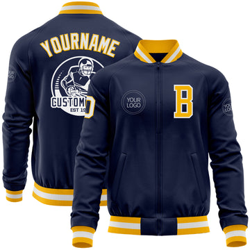 Custom Navy White-Gold Bomber Varsity Letterman Zipper Jacket