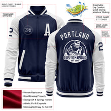 Load image into Gallery viewer, Custom Navy White Bomber Varsity Letterman Two Tone Zipper Jacket
