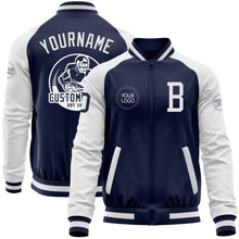 Load image into Gallery viewer, Custom Navy White Bomber Varsity Letterman Two Tone Zipper Jacket
