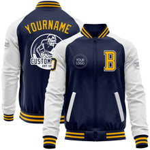 Load image into Gallery viewer, Custom Navy Gold-White Bomber Varsity Letterman Two Tone Zipper Jacket
