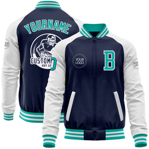 Custom Navy Aqua-White Bomber Varsity Letterman Two Tone Zipper Jacket