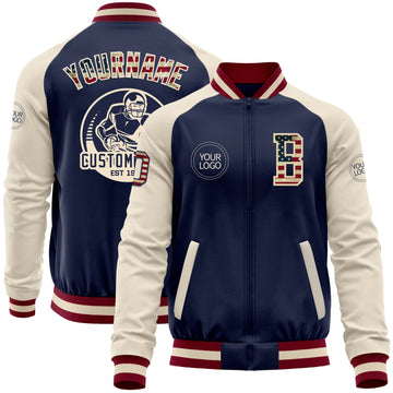 Custom Navy Vintage USA Flag Cream-Maroon Bomber Varsity Letterman Two Tone Zipper Jacket