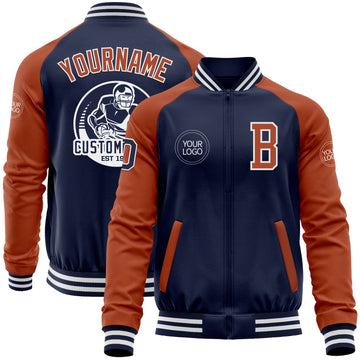 Custom Navy Texas Orange-White Bomber Varsity Letterman Two Tone Zipper Jacket