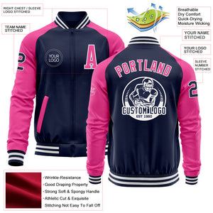 Custom Navy Pink-White Bomber Varsity Letterman Two Tone Zipper Jacket