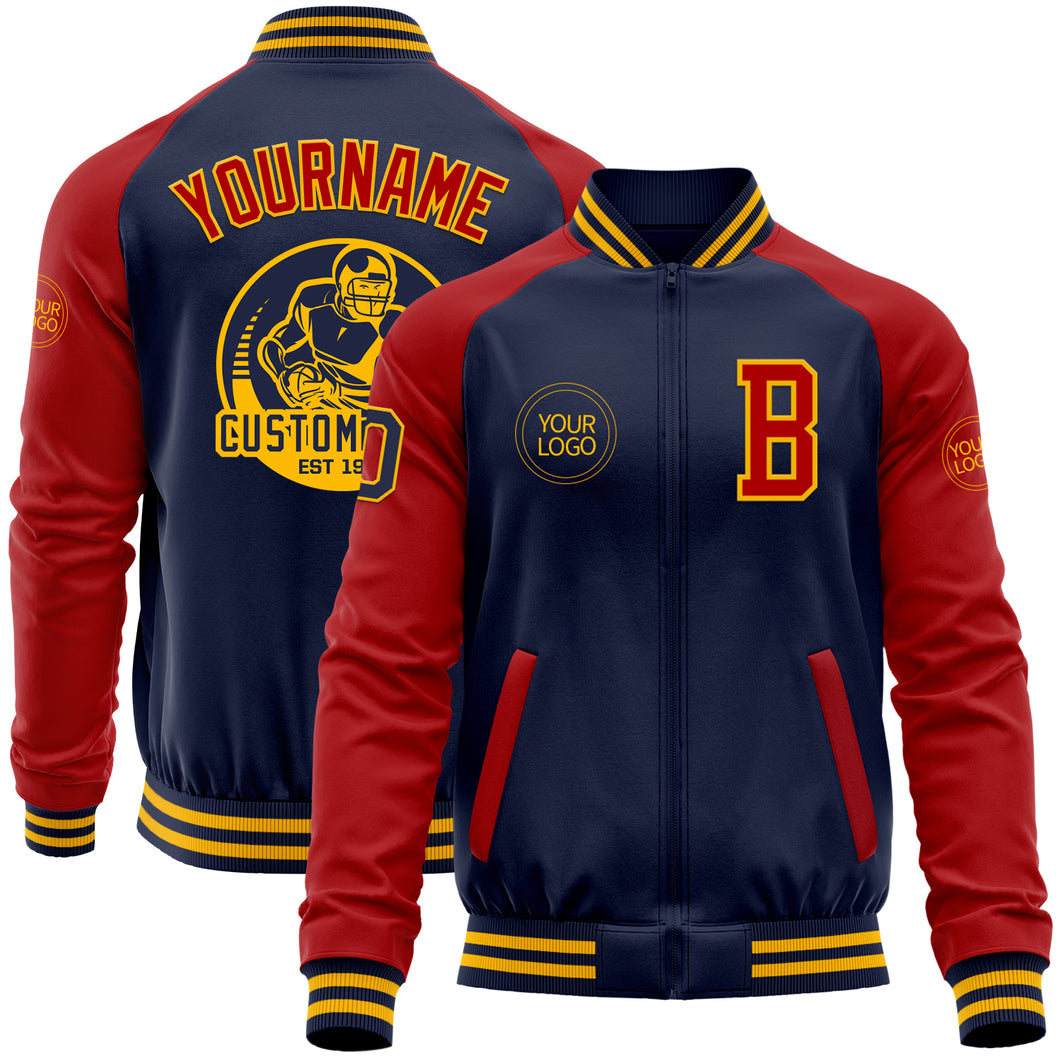 Custom Navy Red-Gold Bomber Varsity Letterman Two Tone Zipper Jacket