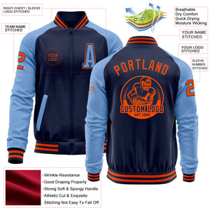 Custom Navy Orange-Light Blue Bomber Varsity Letterman Two Tone Zipper Jacket