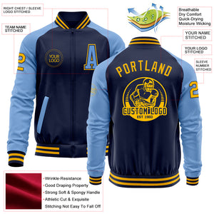 Custom Navy Gold-Light Blue Bomber Varsity Letterman Two Tone Zipper Jacket