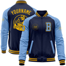 Load image into Gallery viewer, Custom Navy Gold-Light Blue Bomber Varsity Letterman Two Tone Zipper Jacket
