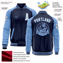 Laden Sie das Bild in den Galerie-Viewer, Custom Navy White-Light Blue Bomber Varsity Letterman Two Tone Zipper Jacket
