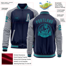 Charger l&#39;image dans la galerie, Custom Navy Teal-Gray Bomber Varsity Letterman Two Tone Zipper Jacket
