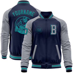 Custom Navy Teal-Gray Bomber Varsity Letterman Two Tone Zipper Jacket