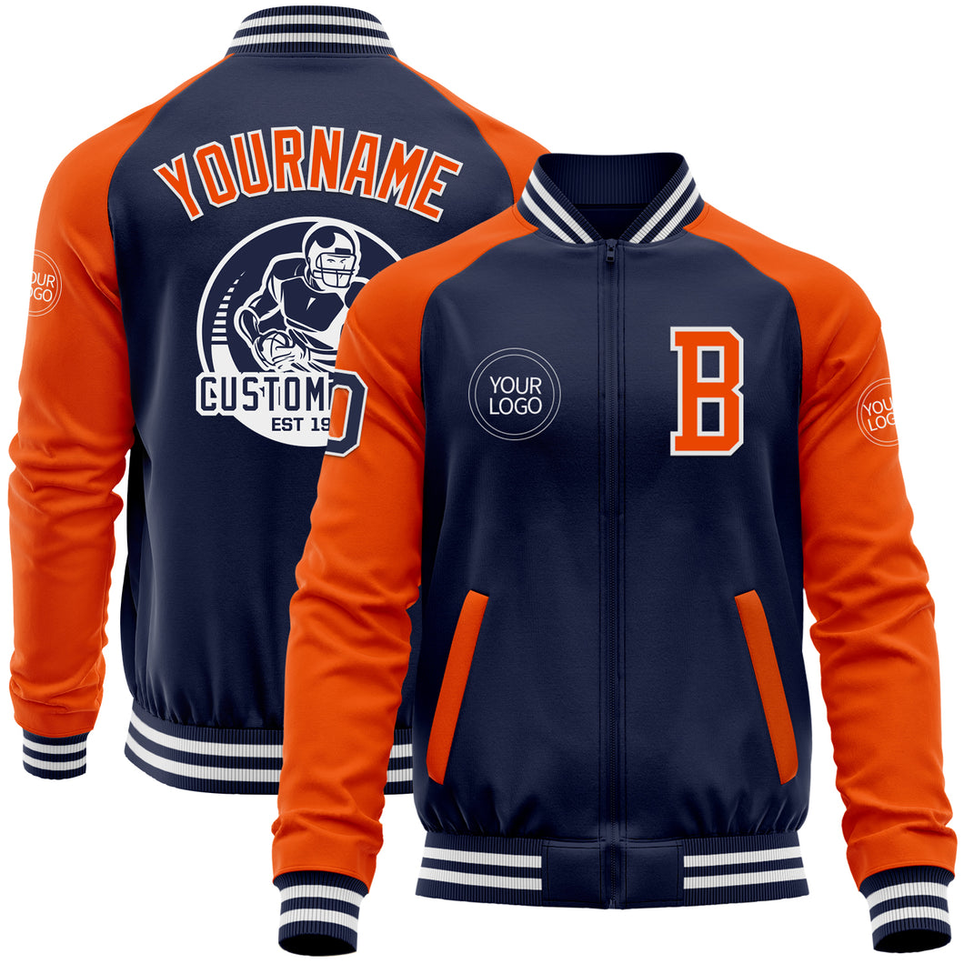 Custom Navy Orange-White Bomber Varsity Letterman Two Tone Zipper Jacket