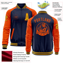 Laden Sie das Bild in den Galerie-Viewer, Custom Navy Orange-Gold Bomber Varsity Letterman Two Tone Zipper Jacket
