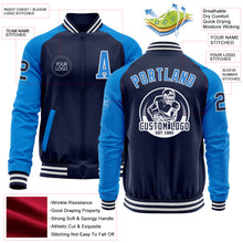 Load image into Gallery viewer, Custom Navy Powder Blue-White Bomber Varsity Letterman Two Tone Zipper Jacket
