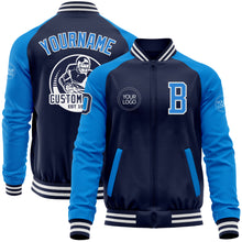 Load image into Gallery viewer, Custom Navy Powder Blue-White Bomber Varsity Letterman Two Tone Zipper Jacket
