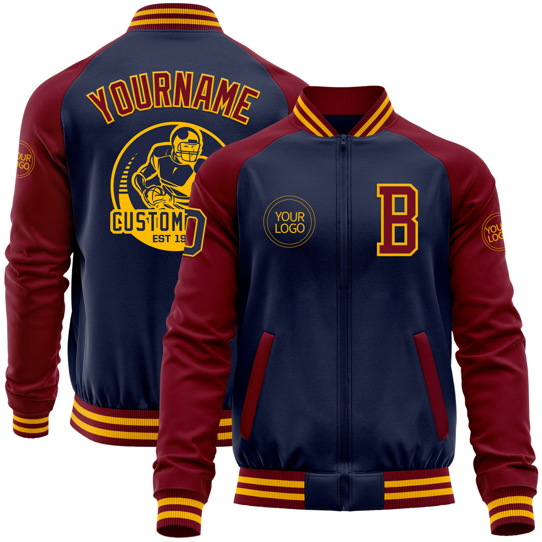 Custom Navy Crimson-Gold Bomber Varsity Letterman Two Tone Zipper Jacket