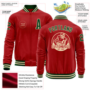 Custom Red Green-Cream Bomber Varsity Letterman Zipper Jacket