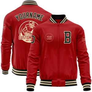 Custom Red Black-Cream Bomber Varsity Letterman Zipper Jacket