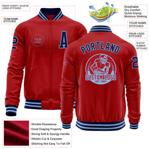 Custom Red Navy-Light Blue Bomber Varsity Letterman Zipper Jacket