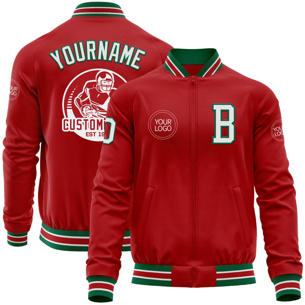 Custom Red White-Kelly Green Bomber Varsity Letterman Zipper Jacket