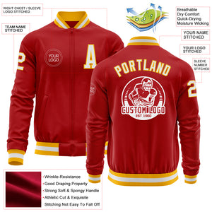 Custom Red White-Gold Bomber Varsity Letterman Zipper Jacket