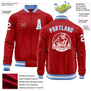 Custom Red White-Light Blue Bomber Varsity Letterman Zipper Jacket