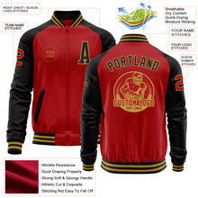 Load image into Gallery viewer, Custom Red Black-Old Gold Bomber Varsity Letterman Two Tone Zipper Jacket
