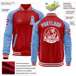 Custom Red Light Blue-White Bomber Varsity Letterman Two Tone Zipper Jacket