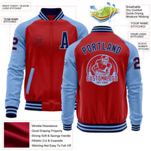 Load image into Gallery viewer, Custom Red Navy-Light Blue Bomber Varsity Letterman Two Tone Zipper Jacket
