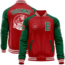 Load image into Gallery viewer, Custom Red Kelly Green-White Bomber Varsity Letterman Two Tone Zipper Jacket
