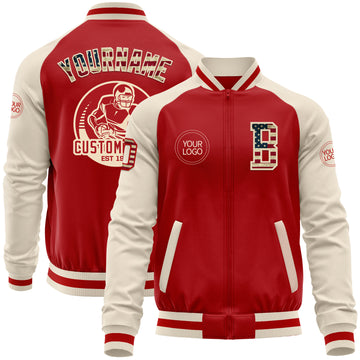 Custom Red Vintage USA Flag-Cream Bomber Varsity Letterman Two Tone Zipper Jacket