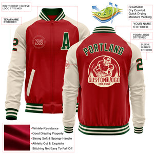 Custom Red Green-Cream Bomber Varsity Letterman Two Tone Zipper Jacket