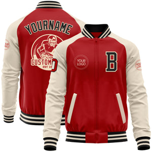 Custom Red Black-Cream Bomber Varsity Letterman Two Tone Zipper Jacket